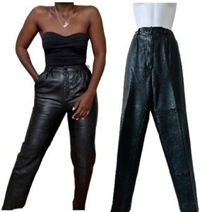 Vintage Black Genuine Leather Relax Fit High Waisted Pleated Front Pants Size L